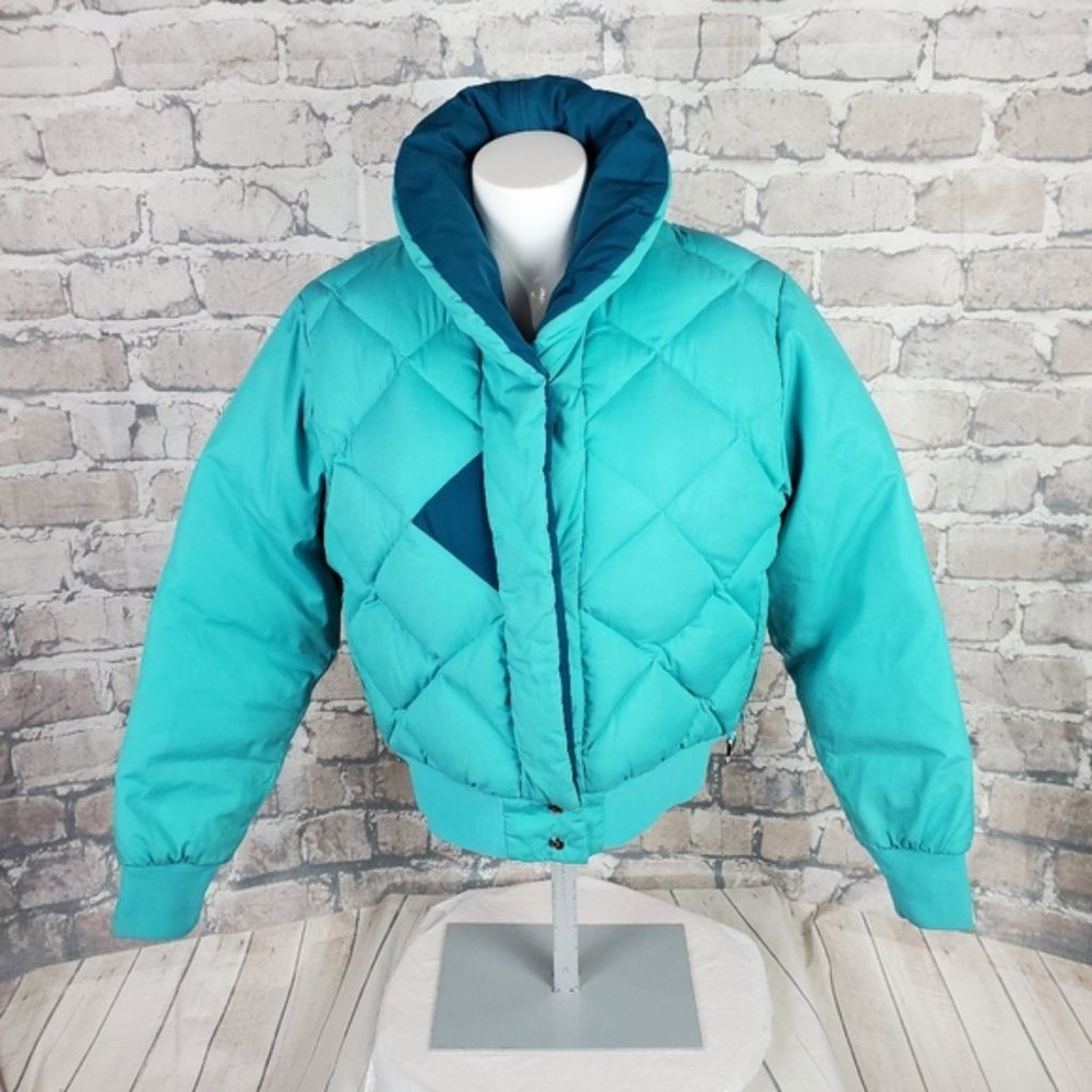 Vintage 80s Goose Down Bomber Puffer Ski Jacket Teal Green Size 14